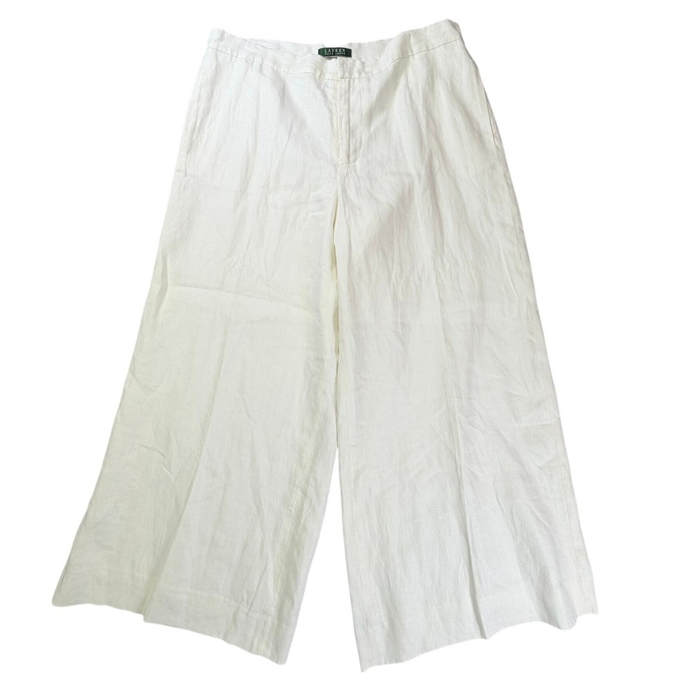 Lauren Ralph Lauren Linen Pants Women 14 White Wide Leg High Rise Trousers